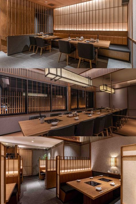 Restaurant Interior Design Modern, Japanese Elements, Japanese Restaurant Interior, Japanese Restaurant Design, Modern Japanese Interior, Japanese Bar, Woods Restaurant, Traditional Japanese Architecture, Cafe Concept