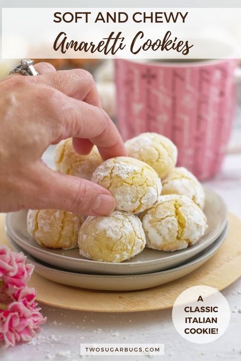 Soft Amaretti Cookies ~ Italian chewy almond cookies with a slightly crisp exterior and a soft, marzipan-like center. A gluten free cookie perfect for almond lovers! ~ Recipe on twosugarbugs.com Chewy Amaretti Cookies Recipe, Marzipan Cookies Recipe, Soft Amaretti Cookies, Almond Dessert Recipes, Best Italian Cookie Recipe, Chewy Almond Cookies, Soft Almond Cookies, Gluten Free Almond Cookies, Amaretti Cookie Recipe