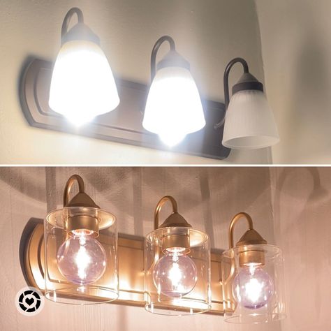 Redo Bathroom Light Fixture Diy, Updating Old Light Fixtures Diy, Refinish Light Fixture, Replacement Shades For Vanity Lights, Replacing Bathroom Light Fixture, Spray Paint Light Fixture Gold, Spray Paint Vanity Light, Spray Painted Light Fixture, Light Globes Ideas