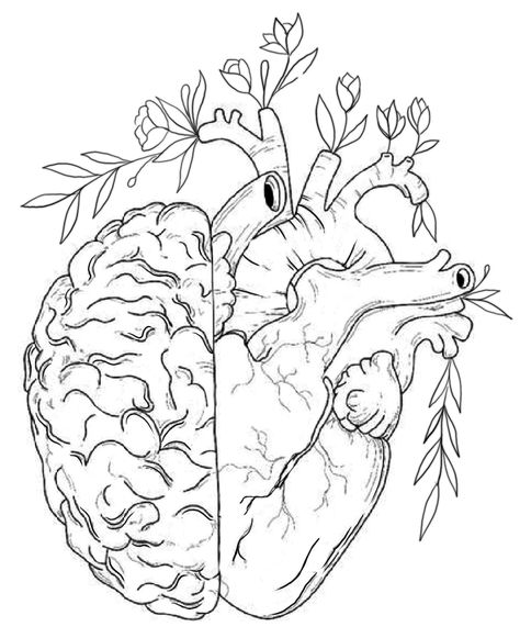 #CoolTattoos #TattooArt #InkMaster #TattooDesigns #InkedUp #TattooLovers #InkInspiration #TattooIdeas #CreativeInk #TattooStyle Heart And Brain Tattoo With Flowers, Aesthetic Traceable Drawings, Heart And Brain Drawing, Brain And Heart Drawing, Brain Coloring Page, Cerebro Dibujo, Haft Vintage, Brain Drawing, Brain Tattoo