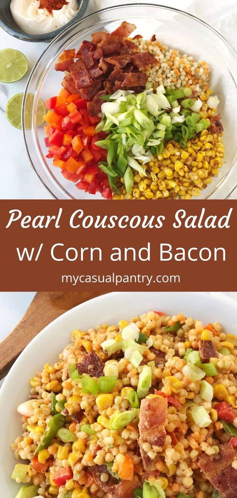 Couscous Salad Recipes Cold, Pearl Couscous Recipes, Pearl Couscous Salad, Salad With Corn, Couscous Salad Recipes, Pearl Couscous, Couscous Recipes, Bacon Salad, Couscous Salad