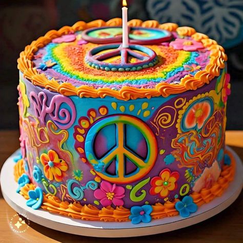 60s Birthday Party Ideas For Men, Peace Out Birthday Cake, Peace Out Single Digits Birthday Cake, 60s Themed Cake, Hippie Cakes Birthdays, 70s Themed Cake, Hippie Cake Ideas, 70s Cake Ideas, Hippie Party Food