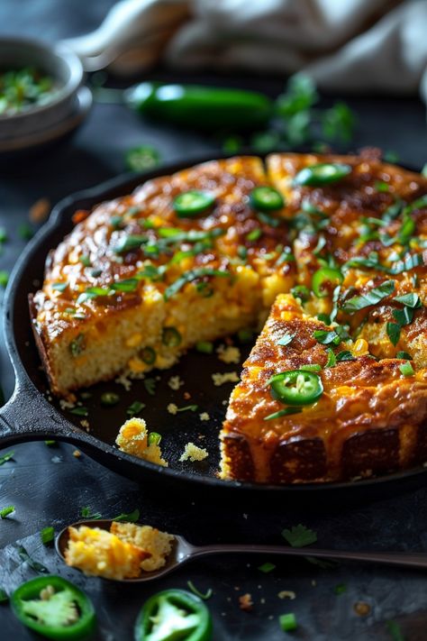 Skillet cornbread topped with jalapeño slices and fresh herbs, with a slice missing. Jalapeno Cornbread Cast Iron Skillet, Jalapeño Skillet Cornbread, Jalapeno Cheddar Cornbread Cast Iron, Cast Iron Jalapeno Cornbread Recipe, Cornbread Recipe Skillet, Jalepeno Cornbread Cast Iron Skillet, Best Jalapeno Cornbread Recipe, Cornbread Recipe Jalapeno Cheddar, Loaded Cornbread Recipe