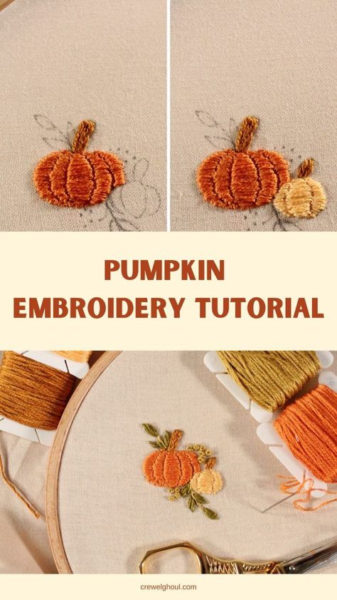 Fall Embroidery Tutorial, Pumpkin Embroidery Tutorial, How To Embroider A Pumpkin, Cute Fall Embroidery, Hand Embroidered Pumpkin, Hand Embroidery Pumpkin, Fall Hand Embroidery Patterns, Hand Embroidered Clothes Ideas, Pumpkin Embroidery Pattern