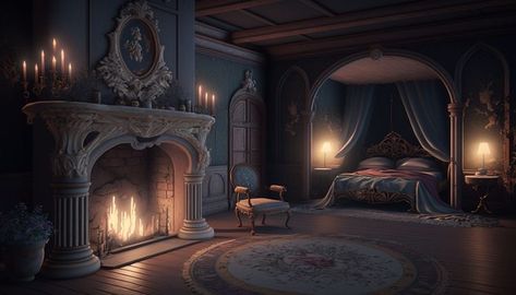 Dark Fantasy Bedroom Concept Art, Palace Bedroom Royal Dark, Bedroom Castle Aesthetic, Blue Castle Bedroom, Fantasy Queen Bedroom, Fantasy Medical Room, Fantasy Bedroom Concept Art Royal, Midevil Bedrooms, Royal Room Bedrooms