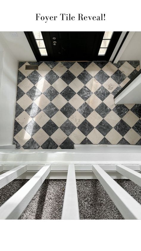 ✨FOYER TILE REVEAL! ✨ It finally happened! My dream floor tile is all done and I’m one big step closer to my foyer being finished! The… | Instagram Marble Foyer Floor, Black And White Harlequin Floors, Checked Floor Tiles, Black And White Tiled Floor, Black And White Tile Foyer, Black And White Diamond Floor, Black And White Checked Floor, Black White Tile Floor, Diamond Tile Floor