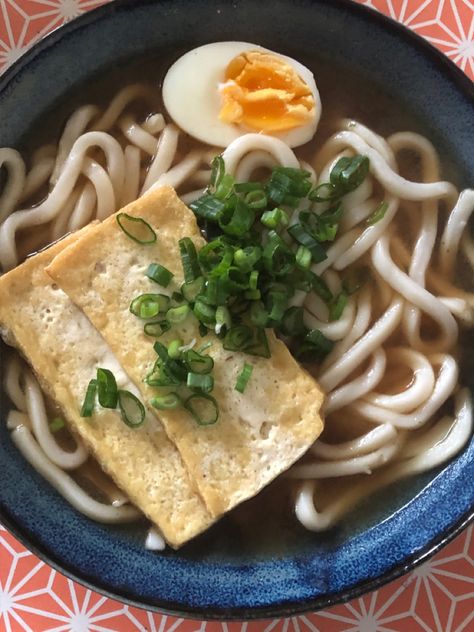 Udon noodles with a shoyu and miso base topped with fried tofu, egg and spring onion. Udon Noodles, Yae Miko, Fried Tofu, Red Bean, Wet Dreams, Spring Onion, Red Beans, Egg Yolk, No Cook Meals