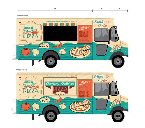 Contest Entry #40 for Logo & Food Truck Concept Design (Pizza) Food Truck Concept, Outdoor Home Bar, Food Truck Desserts, Breakfast Food Truck, Foodtrucks Ideas, Retro Ice Cream, Truck Concept, Pizza Food Truck, Pizza Truck