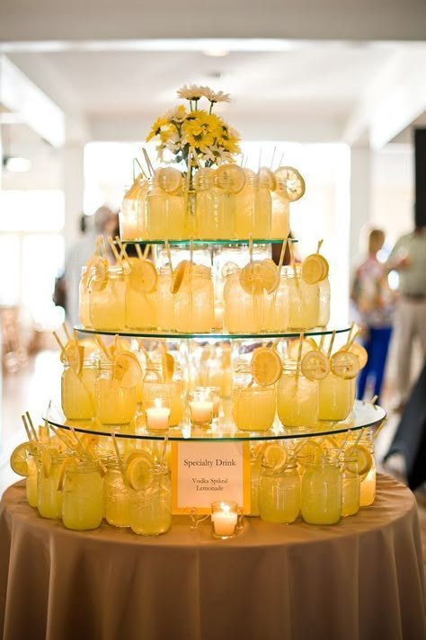 Drink Tower, Yellow Wedding Colors, Lemon Themed Bridal Shower, Lemonade Drink, Yellow Wedding Inspiration, Yellow Wedding Theme, Lemonade Drinks, Yellow Wedding, Sunflower Wedding