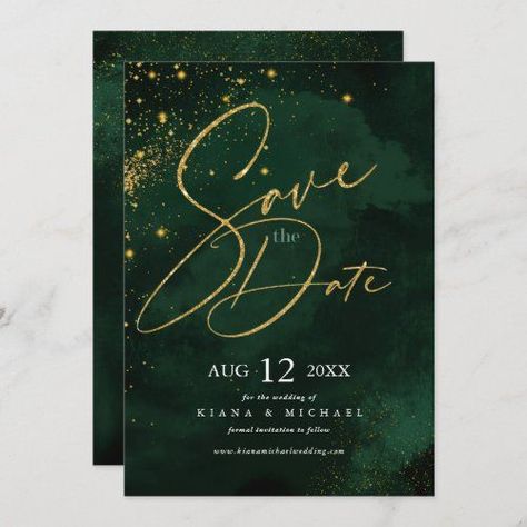 $3.07 | Fine Lines Gold Abstract Wedding Emerald ID867 #elegant hand written script text, calligraphy signature handwritten font, gorgeous pretty beautiful, modern elegant, wedding save the date, gold glitter lighting effects, abstract watercolors, dark rich emerald green, fine lines veins gold dust, unique creative artistic Save The Date Ideas Green And Gold, Emerald Save The Date, Save The Date Corporate, Emerald Green Save The Date, Emerald Green Wedding Invitations, Save The Date Green, Emerald Wedding Invitations, Logo Tree, Abstract Wedding