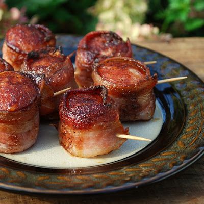 Pork Shots, Bacon Wrapped Kielbasa, Sweet Bacon, Wrapped In Bacon, Cooking Spray, Shot Recipes, Cooling Rack, Andouille, Finger Food Appetizers