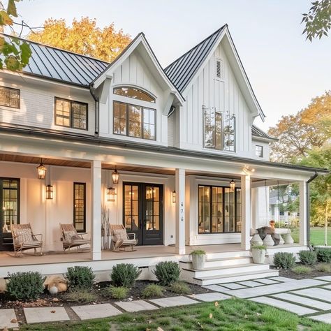 All White House Exteriors, Dream House Exterior Farmhouse, Exterior Lighting Ideas, Modern Farmhouse Backyard, New Front Porch, Exterior Pendant Lights, Farmhouse Outside, Modern Front Porches, New England Style Homes