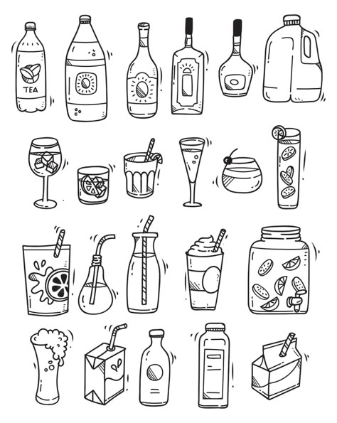 Doodle Art Food, Menu Coffee Design, Drinks Doodle, Drink Drawing, Menu Coffee, Drink Doodles, Doodle Stickers, Arte Doodle, Food Doodles