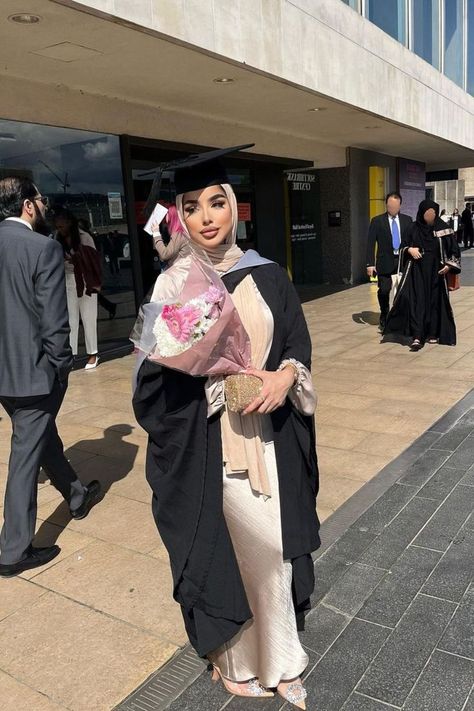 Graduation Dresses With Cap And Gown, Hijab With Graduation Cap, Hijab Graduation Outfit Ideas, Graduation Outfit Ideas Under Gown, Graduation Outfit For Hijabi, Graduation Cap With Hijab, Graduation Outfits Hijab, Convocation Outfit Graduation Hijab, Modest Graduation Dress Hijab