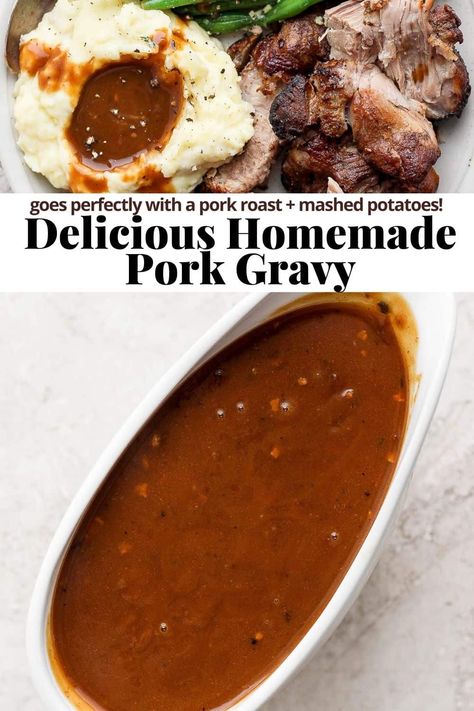 Pork Gravy - learn how to make perfect pork gravy with this easy step-by-step tutorial and recipe! Perfect with pork roast mashed potatoes! #porkgravy #howtomakeporkgravy Homemade Pork Gravy, Sauce For Pork Roast, Roast Mashed Potatoes, Roast Marinade, Roast Gravy Recipe, Pork Gravy Recipe, Pork Roast With Gravy, Homemade Gravy Recipe, Wooden Skillet