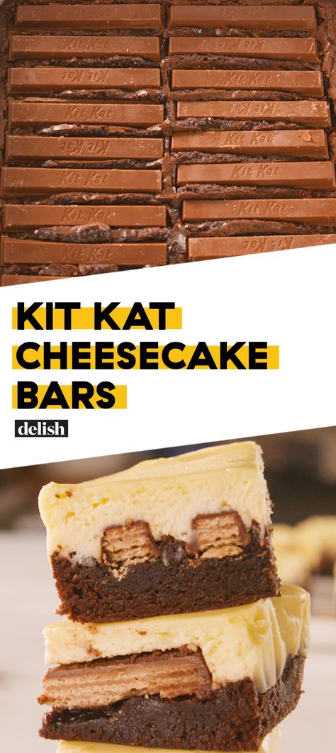 KitKat lovers, we made these cheesecake bars for YOU. Get the recipe at Delish.com. #recipe #easy #easyrecipe #candy #chocolate #cheese #cake #cheesecake #dessert #dessertrecipes Kitkat Cheesecake, Kit Kat Cheesecake, Recipes Potato, Cheesecake Bar Recipes, Gateaux Cake, Camping Recipes, Cheesecake Bars, Kit Kat, Savoury Cake