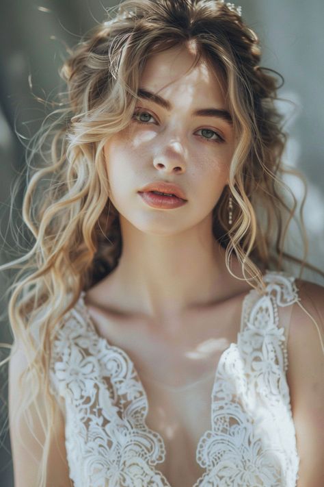 Bride Beach Waves Bridal Hair, Boho Beach Wedding Hairstyles, Ethereal Bride Hair, Ethereal Bridal Hair, Beach Wave Wedding Hair, Ethereal Wedding Hair, Ethereal Hairstyles, Ethereal Hair, Boho Wedding Hairstyles