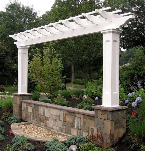 286 - Smithtown, NY - Single Beam Pergola Beam Pergola, Outdoor Fireplace Brick, Fence Repair, Arbor Ideas, Fireplace Brick, Curved Pergola, Landscape Planning, Free Standing Pergola, Grape Arbor