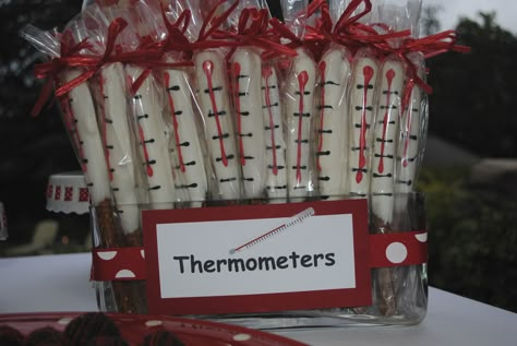 Graduation Party, RN, Nursing Party, Thermometers Nursing Treat Table, Nursing Graduation Party Snacks, Np Graduation Party, Nurse Party Favors, Pharmacy School Graduation Party, Nursing Graduation Cakes, Graduation Cap Decoration Nursing, Nurse Grad Parties, Masters In Nursing