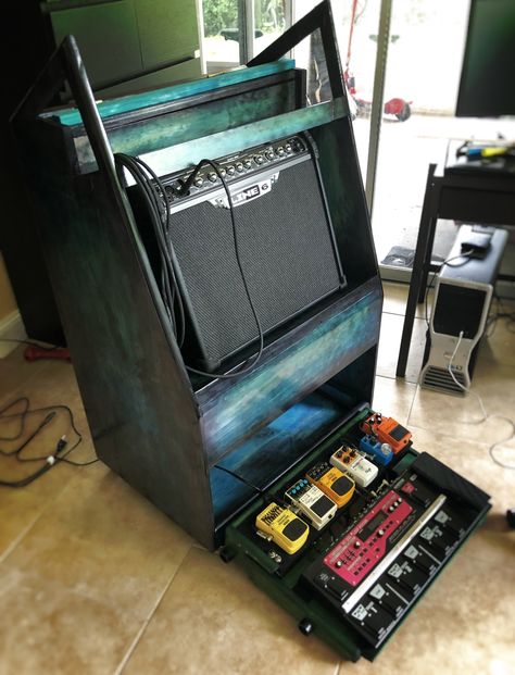 Guitar Organization, Guitar Storage Cabinet, Guitar Amp Stand, Amp Furniture, Diy Guitar Amp, Amp Stand, Guitar Storage, Guitar Studio, Music Obsession