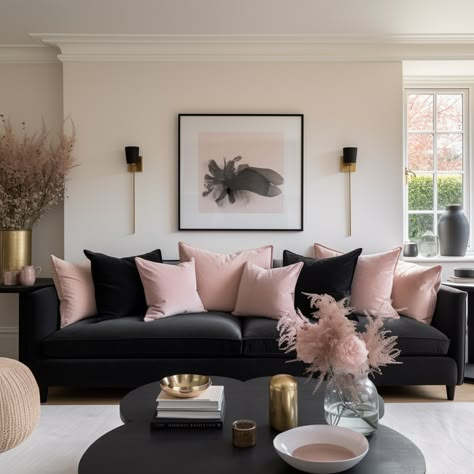 Venture into the realm of contemporary elegance with blush pink cushions paired seamlessly with deep black ones. Set against a black sofa backdrop, the play of light and dark creates a dynamic visual appeal, capturing both softness and edginess.🎨 Don't forget to use CMC10 for a special 10% discount on your next purchase. 🛋️ #cushioncover #cushion #cushions #cushioncovers #homeinspo #homedeco #urbanstyle #contemporarydesign Blush Pink Cushions, Blush Living Room, Black Sofa Living Room Decor, Blush Pink Living Room, Black Couch Living Room, Black Sofa Living Room, Black And Gold Living Room, Pink Living Room Decor, Large Cushion Covers