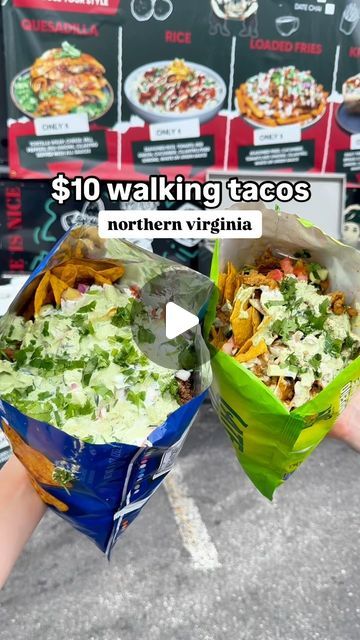 NoVa Nomz on Instagram: "Hidden in this random parking lot is a food truck that’s making one of the tastiest, most affordable meals in the area. These walking tacos cost $10 and are FILLED to the brim with over 12 ounces of meat, vegetables and sauce. We were honestly surprised how heavy the bags were when they came back to us 😂   Highly recommend the gyro meat with cool ranch Doritos or tortilla chips if you want a more neutral flavor. There is no size requirement for the bags, so pro tip to bring a BIG bag of chips. We brought full size bags and had tons of leftovers. This meat is all halal, too!   🌮 @flavorhivetruck   📍 5429 Duke St, Alexandria VA (in the back of the building)" Taco Bag Doritos, Walking Tacos In A Bag, Walking Tacos For A Crowd, Tacos In A Bag, Cool Ranch Doritos, Taco In A Bag, Taco Food Truck, Walking Taco, Affordable Meals