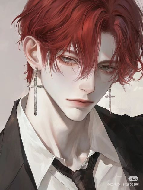 Red Hair Guy Art, Anime Guy With Red Hair, Semi Realism Male, Black Hair Red Eyes Anime Guy, Red Head Anime Boy, Red Haired Anime Guy, Anime Boy Red Hair, Red Hair Anime Guy, Brown Hair Boy