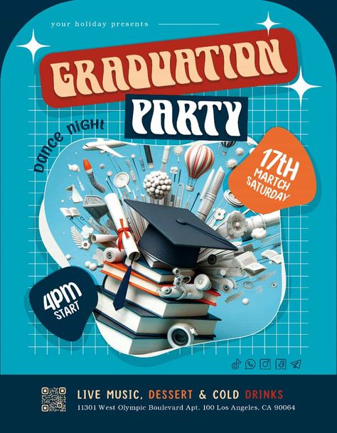 Check out the Graduation Party Event Flyer Template for your next club and party event. FreePSDFlyer.com is the best resource full of amazing Free PSD Flyer Templates for Photoshop! Create amazing flyer, poster or social media designs with our free templates. Graduation Party Poster, Back To School Party Flyer, School Admissions Flyer, Free Flyer Design, Graduation Flyers Party Invitations, Poster Template Free, Free Psd Flyer Templates, Free Party Flyer Psd, Free Psd Flyer