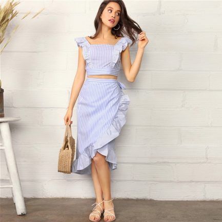 English Clothes, Knotted Skirt, Ruffled Crop Top, Cotton Short Dresses, Skirt Top Set, Shirred Top, Crop Top Skirt Set, Virtual Wardrobe, Top Skirt Set