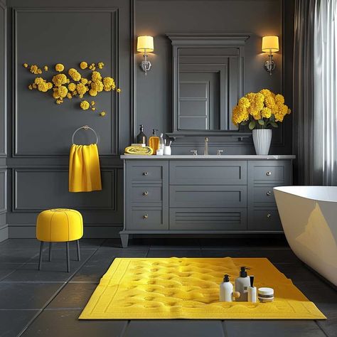 3+ Bathroom Paint Ideas to Transform Your Space with Gray and Yellow • 333+ Art Images Mustard Bathroom Ideas, Grey Blue And Yellow Bathroom Ideas, Grey And Mustard Bathroom Ideas, Green And Yellow Bathroom, Grey Yellow Bathroom Ideas, Mustard Yellow Bathroom Ideas, Yellow And Grey Bathroom, Gray And Yellow Bathroom Accessories, Yellow Bathroom Ideas