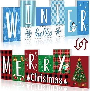 Purpeak Reversible Christmas Wooden Table Sign Double Side Winter and Christmas Tabletop Sign Decor Hello Winter Wood Block Merry Christmas Tiered Tray Decor for the Xmas Winter Party Decor Winter Party Decor, Christmas Tiered Tray Decor, Christmas Tiered Tray, Winter Home, Winter Wood, Hello Winter, Sign Decor, Table Sign, Winter Party