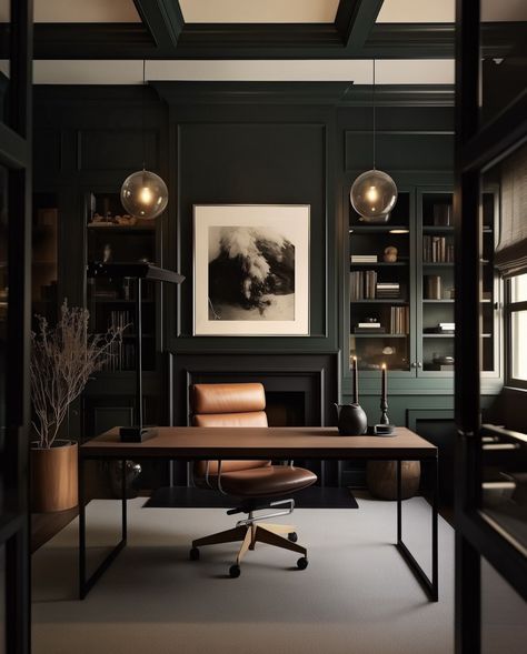 Masculine Home Office, Moody Office, Lawyer Office, Home Office Inspo, Office Remodel, Library Office, Dream Office, Office Library, Green Walls