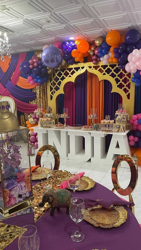 @chicagolandluxerentals shared a video on Instagram: “Moroccan Theme Baby Shower 💜💕🕌 Venue & Decor @houseofthronesevents Balloons & Rentals @chicagolandluxerentals Desserts @gl_creations…” • May 31, 2022 at 10:03pm UTC Arabian Nights Party Decorations, India Theme Party, Indian Party Decor, Moroccan Theme Decor, Arabian Nights Prom, Arabian Nights Theme Party, Moroccan Theme Party, Arabian Party, India Party