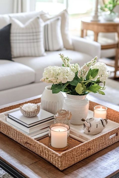 "Add a touch of elegance with Decorative Tray Styling! 🛋️✨ Perfect for organizing and displaying your favorite items in style. 🌟✨ #TrayStyling #HomeDecor #InteriorInspiration" Display Tray Ideas, Center Table Tray Decor, Large Ottoman Tray Decor Ideas, Coffee Table Decor Aesthetic, Styled Coffee Table, Ottoman Decor Living Room Tray, Table Basket Decor, Living Room Ottoman Decor, Wicker Tray Decor