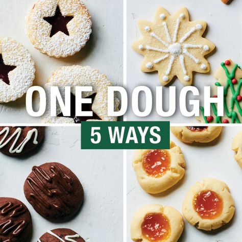 1 Dough 5 Ways 6 Homemade Sugar Cookie Dough, Raspberry Linzer Cookies, Christmas Cutout Cookies, One Four, Homemade Sugar Cookies, Basic Cookies, Canned Frosting, Cocoa Cookies, Holiday Box