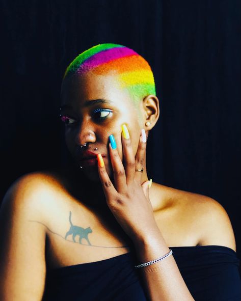 Rainbow Afro, Rainbow Buzzcut, Rainbow Afro Hair, Rainbow Hair Black Women, Rainbow Pixie Hair, Rainbow Natural Hair Black Women, Short Rainbow Hair, Buzzed Hair Women, Buzzed Hair