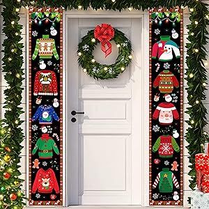 Ugly Christmas Sweater Party Decorations, Vanity Set With Lights, Sweater Hanging, Tacky Christmas Party, Ugly Sweater Christmas, Yard Party, Winter Porch, Tacky Christmas, Hanging Door