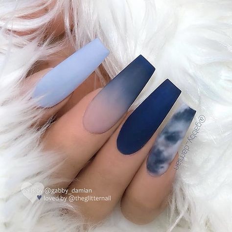 TheGlitterNail 🎀 Get inspired! on Instagram: “✨ Matte Blue Shades, Ombre and Marble Effect on long Coffin Nails ✨ • 💅 Nail Artist: @gabby_damian 💝 Follow her for more gorgeous nail art…” Unghie Sfumate, Coffin Nails Matte, Matte Nails Design, Cute Acrylic Nail Designs, Coffin Nails Long, Acrylic Nails Coffin Short, Summer Acrylic Nails, Coffin Nails Designs, Marble Effect