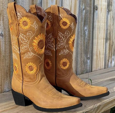 Cowgirl Cowboy Boots Embroidered Mid Calf Quince Shoes, Sunflower Boots, Snip Toe Cowgirl Boots, Embroidery Boots, Botas Western, Flower Boots, Girl Boots, Pu Boots, Looks Country