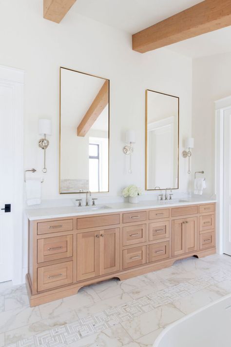 A large wood vanity in a bathroom with white walls, marble floors, wood beams, and tall brass mirrors. Natural Wood Bathroom Vanity, Large Bathroom, Crow's Nest, Wood Bathroom Vanity, Beautiful Home Designs, Master Bath Remodel, Vanity Design, Up House, Wood Vanity