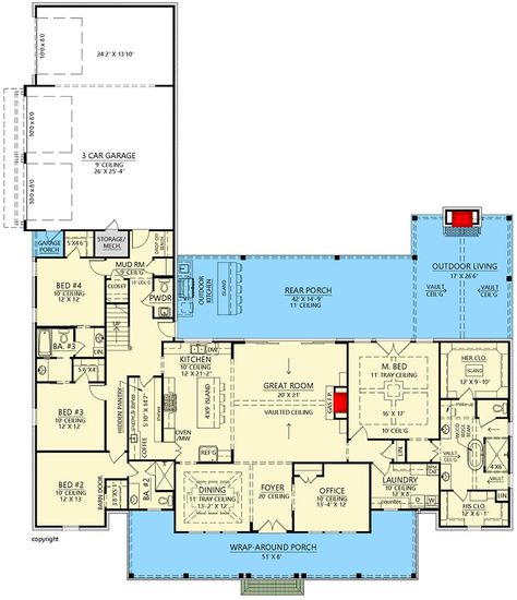 Symmetrical 4-Bed Modern Farmhouse Plan with Home Office and Bonus Room - 3292 Sq Ft - 56549SM | Architectural Designs - House Plans 4 Bed Modern Farmhouse Plans, Transitional Home Floor Plans, 5 Bedroom With Office House Plans, 3 000 Sq Ft House Plans One Story, 4 Bedroom House Plans 1 Story, Farmhouse Building Plans, 4 Bedroom House Plans Open Floor Single Storey, Farmhouse Ranch Floor Plans, One Story Farmhouse Plans