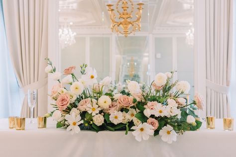 Romantic, Soft, French inspired sweetheart table arrangement. Blush, white, green, with hints of yellow Blush Sweetheart Table, Sweetheart Table Arrangement, Table Arrangement, Sweetheart Table, Table Arrangements, Wedding Floral, French Inspired, Engagement Party, White Green