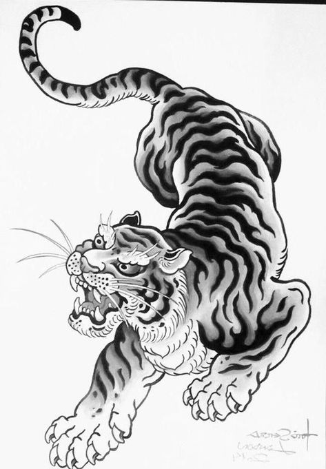 Traditional Tiger Tattoo, Japan Dragon, Japanese Tiger Tattoo, Tato Tradisional, Tattoo Japanese Style, Tattoo Black And White, Japanese Tiger, Tiger Tattoo Design, Japan Tattoo Design