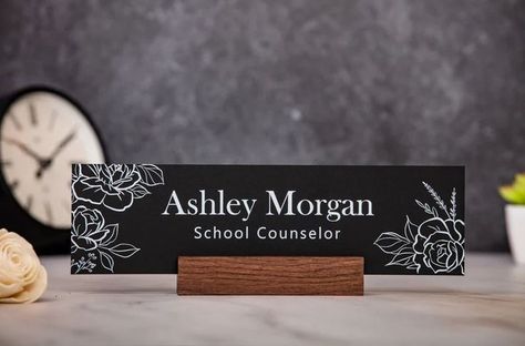 Acrylic Name Plate w/ Wood Stand - 10x2.75" Rose Floral Flowers Desk Name Sign Executive Desk CEO Sign, Custom Nurses Teacher school Gift Desk Name Sign, Resin Name Plate For Office, Teacher Desk Name Sign, Resin Desk Name Plate, Personalized Receptionist Desk Nameplate, Nursing Teacher, Desk Name Plates, Executive Desk, Wood Stand