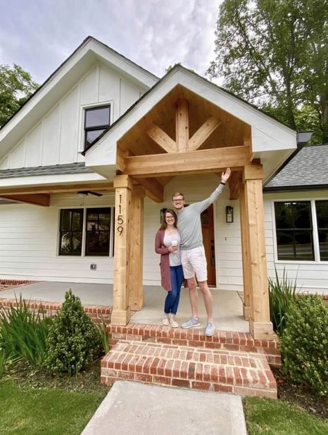 Front Porch Off Center Door, Single Gable Front Porch, Extend Front Porch Entrance, Update Double Wide Mobile Home, Small Gable Front Porch, Portico On Ranch House, Non Covered Front Porch Ideas, Champion Manufactured Homes, Front Porch No Roof