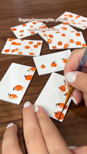 BrushMeOff 🎨 Artist on Instagram: "This whole craft only cost $6 😳 My newborn painted her own pumpkin patches! As a full time artist, having a baby to do crafts with is sooo much fun! Her tiny fingers were too small for this project, so l used her big toe 😂, but what a fun keepsake! I found these small magnetic canvases at @hobbylobby and made enough to give out to friends and family! 🧡🤎🤍" Fingerprint Pumpkin, Pumpkin Thumbprint Art, Baby Pumpkin Painting, Full Time Artist, Baby In Pumpkin, Pumpkin Crafts, It's Fall, Painted Pumpkins, Having A Baby