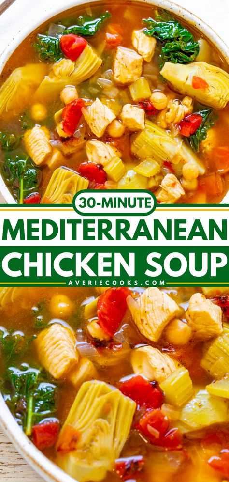 Mediterranean Chicken Soup, Mediterranean Soup Recipes, Mediterranean Soup, Mediterranean Recipes Healthy, Gourmet Soup, Mediterranean Diet Recipes Dinners, Vegetable Soup Healthy, Averie Cooks, Vegetable Soup With Chicken