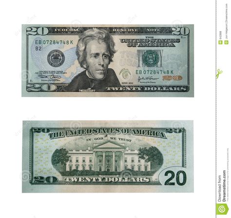 Both sides of the twenty dollar bill isolated on white with clipping path - large file Fake Money Printable, Printable Play Money, Twenty Dollar Bill, Printable Checks, Banknotes Money, Money Stickers, Money Template, Dollar Banknote, Money Printables