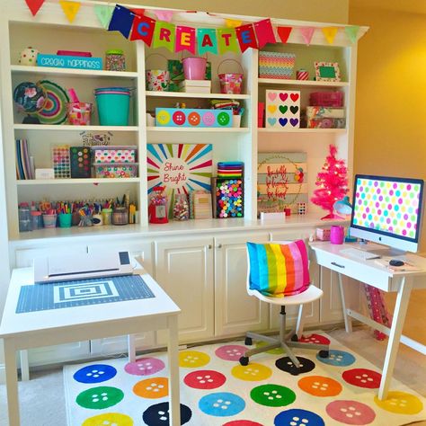 Craft Room For Kids, Room Color Combination Ideas, Room Color Inspiration, Colorful Craft Room, Oasis Room, Rainbow Office, Vintage Craft Room, Dream Art Room, Room Color Combination