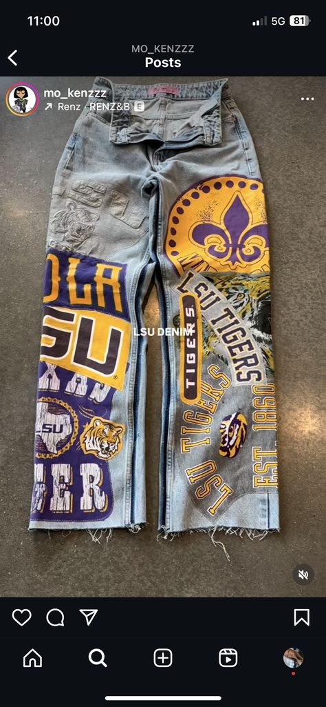 Senior Jeans Painted, Painted Pants, Senior Jeans, Lsu Game, Denim Diy Clothes, Senior Overalls, Denim Diy, Designer Jeans, School Spirit